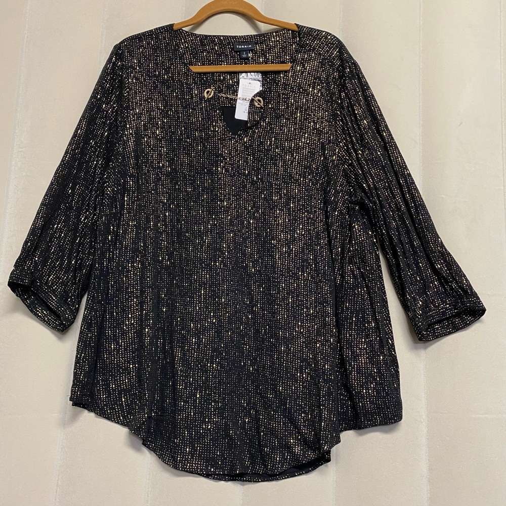 Torrid Women's Blouse Top Size 2X Crepe Chain Link 3/4 Sleeve Gold Metallic NWT